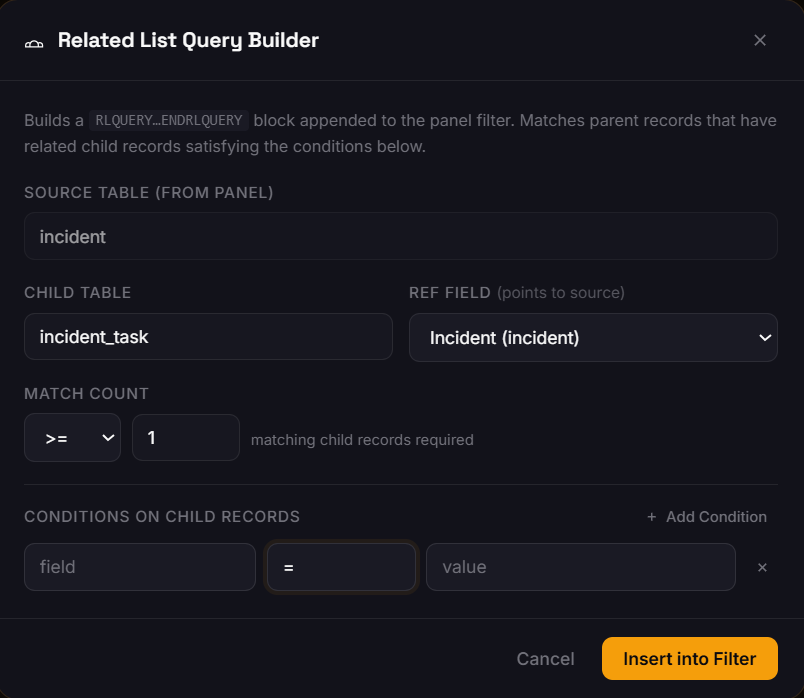 RLC Visual Editor showing related list context filter